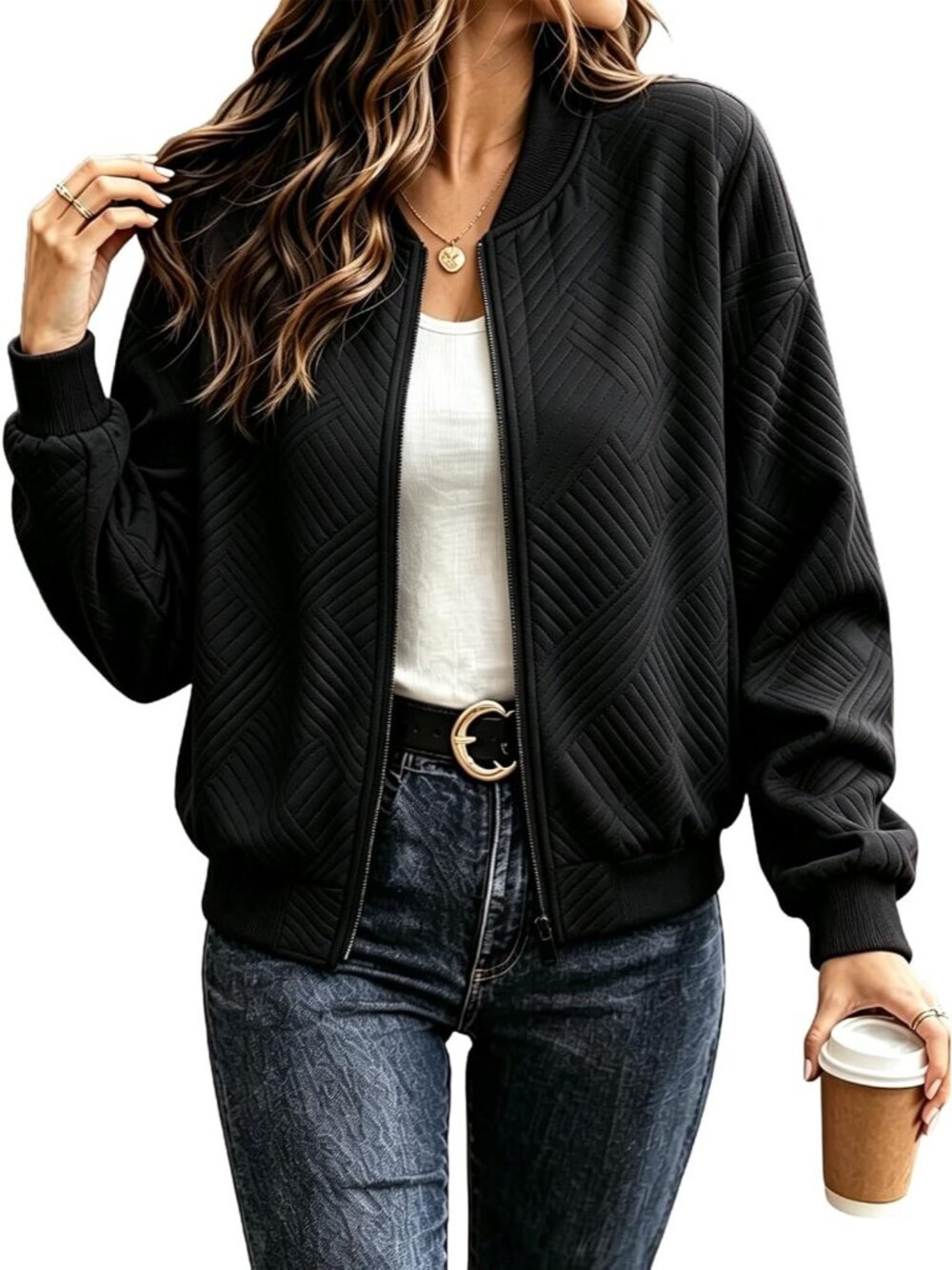 Women's Black Chevron Textured Bomber Jacket Zip Up Lightweight Casual Fall Coat